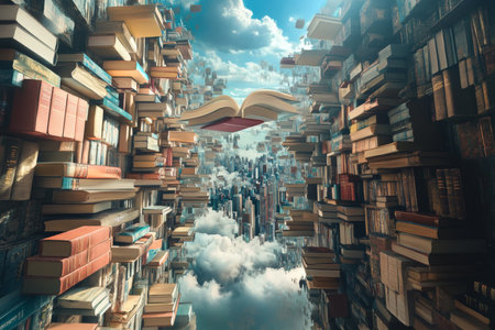A fantasy landscape of floating books above a cityscape in a vibrant digital art styleの写真素材