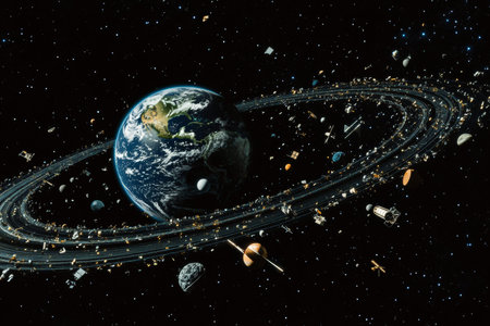 3d visualization of space debris orbiting earth with satellites and black holes in dark space scene