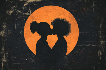 Silhouette of two afro american women kissing under an orange moon in retro futuristic vector artの写真素材