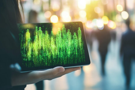 Abstract digital human network concept depicted on tablet, symbolizing global social communicationの写真素材