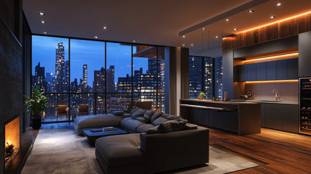 Modern three bedroom apartment with city skyline view and open space living in new york styleの写真素材