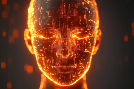 Cinematic 3d render of a glowing orange circuitry human head against a gray backgroundの写真素材
