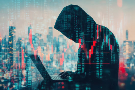 Double exposure of a hooded hacker with laptop and financial graphs against a city backgroundの写真素材