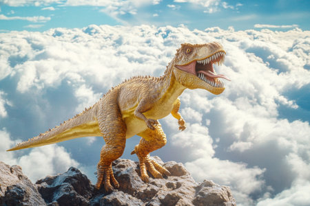 Vibrant tyrannosaurus on mountain peak, amidst clouds and blue sky, poised for actionの写真素材