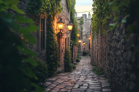 Enchanting cobblestone street in Montreal's historic district, aglow with evening lantern lightの写真素材