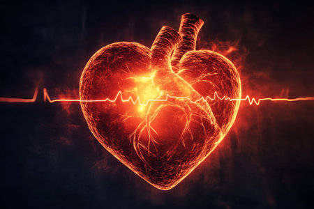 Dynamic abstract heart pulse graphic on dark background symbolizing life and health care conceptの写真素材