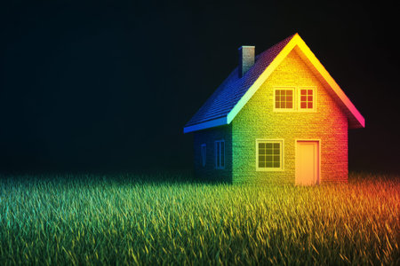 Vibrant 3d house design featuring energy efficiency on grass with dark gradient background