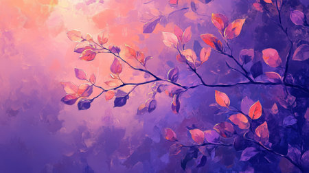 Watercolor painting with purple background showing branches and leaves in pastel colorsの写真素材