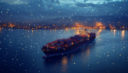 Aerial view of a cargo ship with containers navigating a glowing cityscape at nightの写真素材