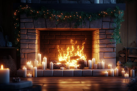 Cozy living room with flickering flames and candles a warm retreat for relaxationの写真素材