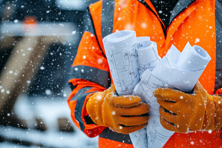 Engineer in orange safety gear protects blueprints from snowfall on construction site