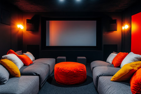 Contemporary home theater with plush seating, vibrant accents, and premium audio experienceの写真素材