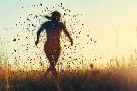 A runner in a field disintegrating into particles, capturing motion and transformation beautifullyの写真素材