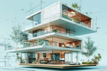 Collage of house construction blueprints surrounding a modern home in a blue color palette