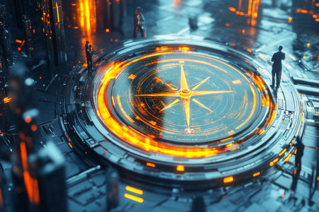 Futuristic city scene with digital compass guiding business people through a glowing landscapeの写真素材