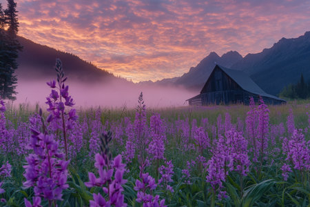 Purple fireweed blossoms in foreground with sunrise and misty barn in the distanceの写真素材
