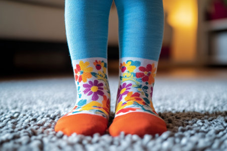 Vibrant child s floral socks on carpet a close up perspective with a softly blurred background