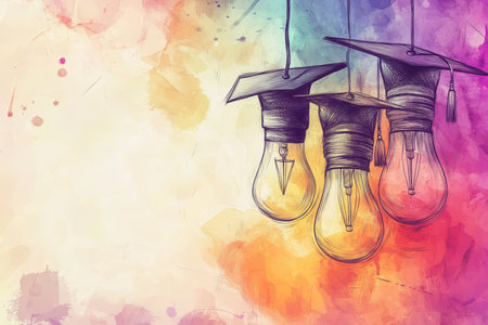 Creative pencil drawing of light bulbs wearing graduation caps on an abstract watercolor backgroundの写真素材