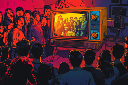 Vibrant poster art showcasing Asian youth singing on stage before enthusiastic crowd