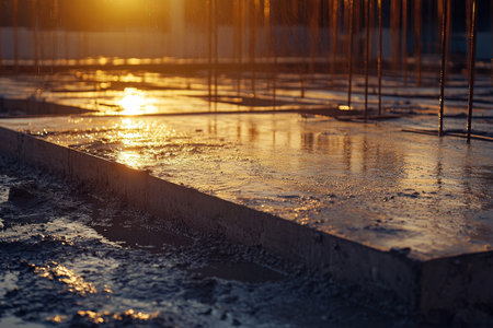 Concrete slab being poured at construction site during golden hour with shallow depth of fieldの写真素材