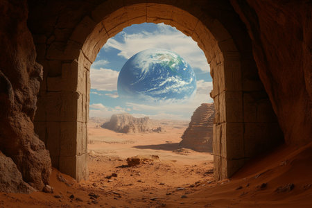 Breathtaking view of earth from ancient temple with distant planets and desert landscapeの写真素材
