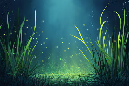 Mystical underwater scene with seagrass and glowing fireflies for children s book illustrationsの写真素材