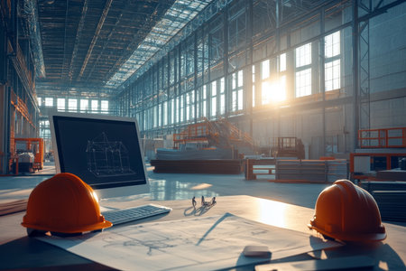 Industrial construction site featuring blueprints, hard hats, and a computer in a sunlit warehouseの写真素材