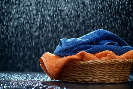 Close up of a laundry basket with fresh orange and blue towels on table with rainy backgroundの写真素材