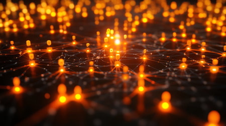 3d illustration of glowing orange people icons connected on dark background for social networkingの写真素材