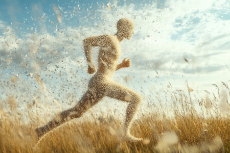 Surrealistic photograph of a particle figure running through a field in side viewの写真素材
