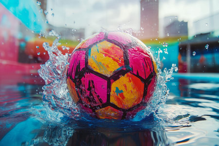 Vibrant soccer ball floating in a pool, capturing the essence of a fun summer vibe