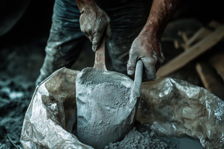 Close up of worker filling plastic bags with cement powder for home construction projectsの写真素材