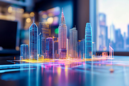 Colorful hand drawn city skyline hologram in a blurred office setting for architecture techの写真素材