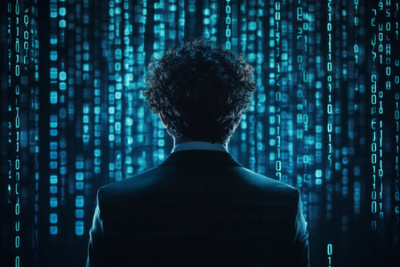 Man with curly hair amidst black numbers and binary code symbolizing data science and technologyの写真素材