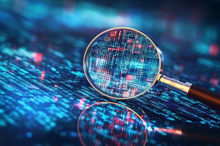 Magnifying glass over digital data background concept of information search and analysis with spaceの写真素材