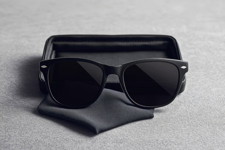 Stylish black sunglasses with protective case and cleaning cloth on a gray backgroundの写真素材