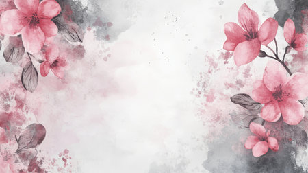 Delicate watercolor pink floral background with space for text in soft pastels and gray tonesの写真素材