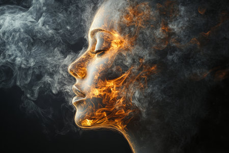 Hyper realistic side view of a woman s face crafted from smoke and fire against a black backgroundの写真素材