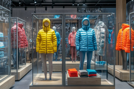 Elegant modern women's store interior featuring fashionable winter styles in gray and blue tonesの写真素材