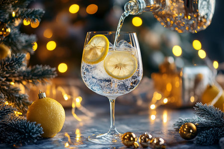 Refreshing gin and tonic cocktail with lemon slices in glass and festive Christmas lightsの写真素材