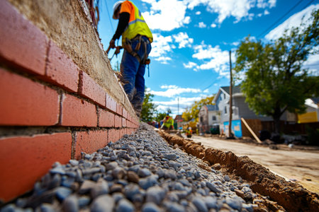 Workers building a red brick wall under a clear blue sky with scattered rocks on the groundの写真素材