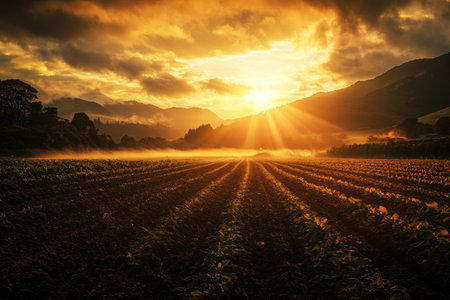 Stunning golden sunset over mountain fields with misty atmosphereの写真素材
