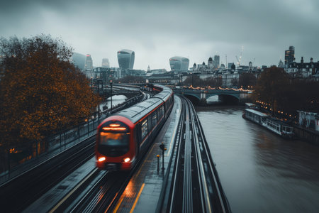 Subway train in motion on tracks with London s cityscape and river in long exposure photographyの写真素材