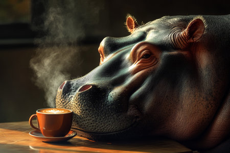 A hyper realistic hippopotamus enjoying a steaming cup of coffee in a stunning photographic sceneの写真素材