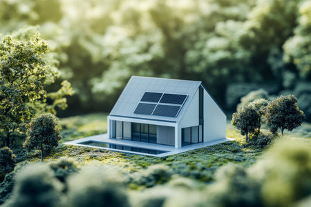Vibrant 3d rendering of modern house model with energy efficiency scale amidst a lush green forestの写真素材