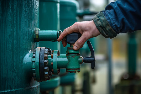 Worker managing liquid natural gas flow with precision at industrial oil tank facilityの写真素材