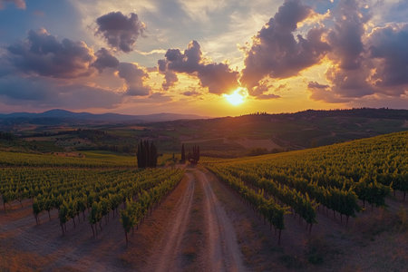 Stunning vineyard landscape at sunset a panoramic view of Tuscany s rows of grape vinesの写真素材