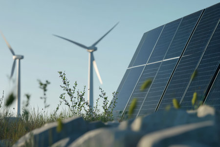 Close up of solar panels with wind turbines in the background a vision of sustainable energyの写真素材