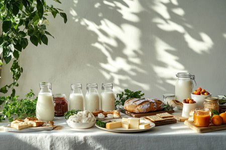 A bright breakfast spread featuring fresh fruits and creamy delights on a sunlit tableの写真素材