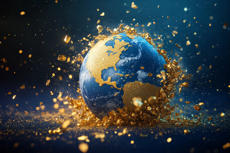3d earth model with gold particles fragmenting against a dark blue backdrop for design elementsの写真素材
